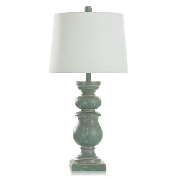 StyleCraft Darcy 30.25 in. Blue-Green, Cream, Brushed Gourd Task and Reading Table Lamp for Living Room with White Linen Shade