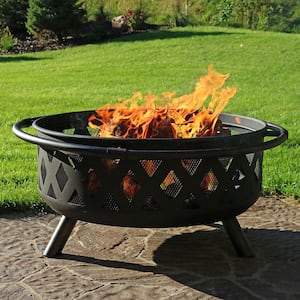 Black Cross Weave 36 in. x 24 in. Round Steel Wood Burning Fire Pit with Spark Screen