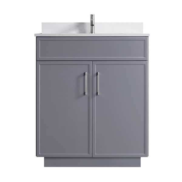 Hood-3 30.00 in. W x 22.00 in. D x 35.00 in. H Freestanding Bath Vanity in Gray Wood with White Solid Surface Top