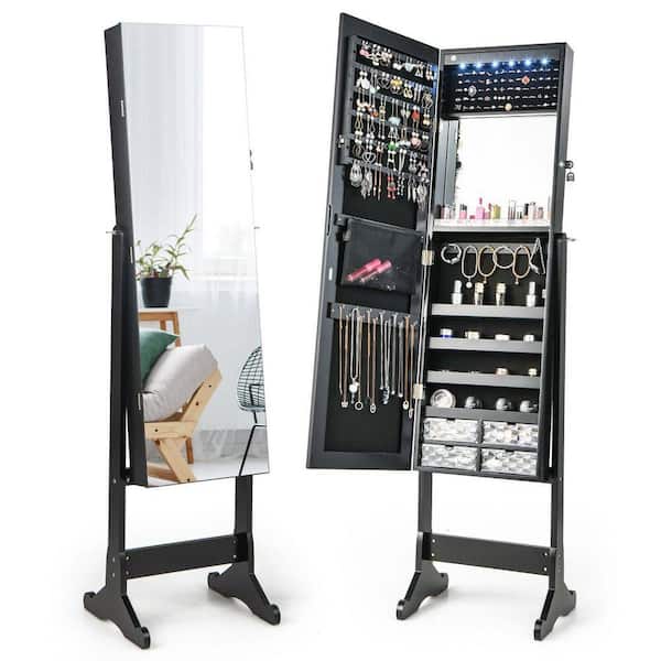 16 in. x 62 in. Black MDF Freestanding Jewelry Boxes Organizer Armoire with Mirror and Lights