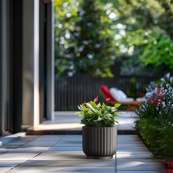 11.4 in. Medium Charcoal Black Concrete Round Planter / Pot with Drainage Holes