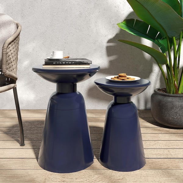 Sudzendf Navy Blue Metal Round Outdoor Side Table 2-Piece