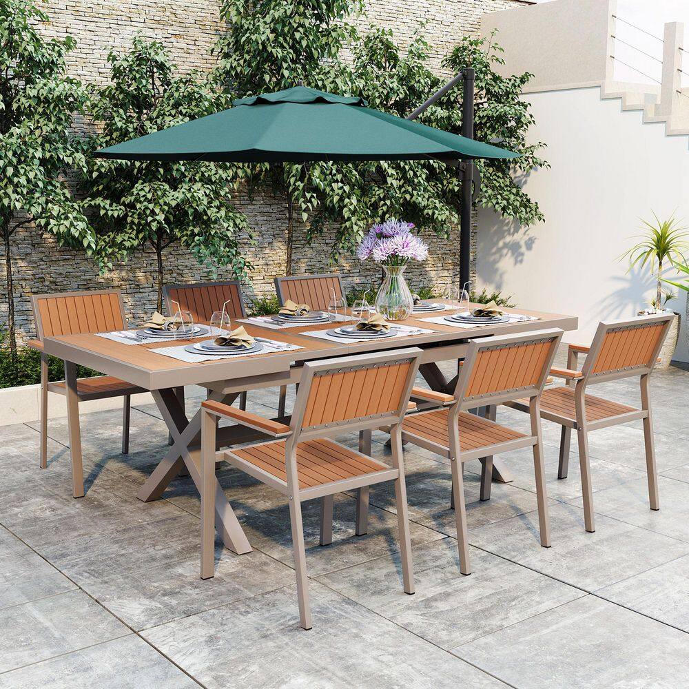 7-Piece Patio Metal Outdoor Dining Set in Camel with Extendable Table