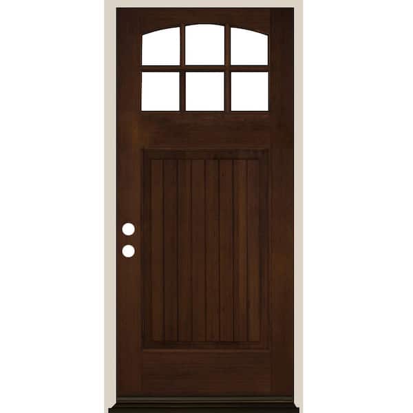 Krosswood Doors 36 in. x 80 in. Craftsman 6 Lite V Groove Arch Top Provincial Stain Right-Hand/Inswing Hemlock Prehung Front Door