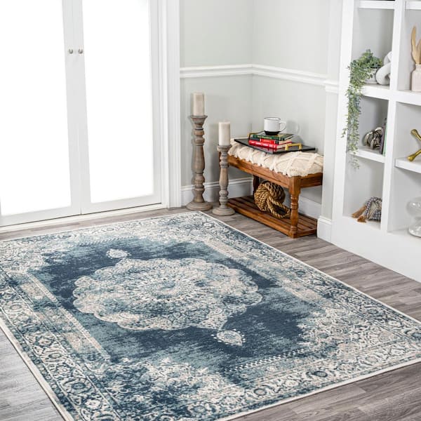 Jonathan Y Dark Gray/Yellow 8 ft. x 10 ft. Wincer Chenille Cottage Medallion Machine-Washable Area Rug