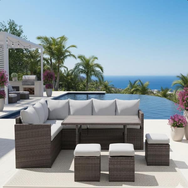 Tenleaf 7-Piece Wicker Patio Furniture Set with Gray Cushions ...