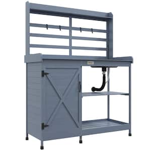 44 in. W x 57.5 in. H Gray Wooden Potting Bench with Storage Cabinet, Storage Shelves, Sink, Water Tap Wood Table Top