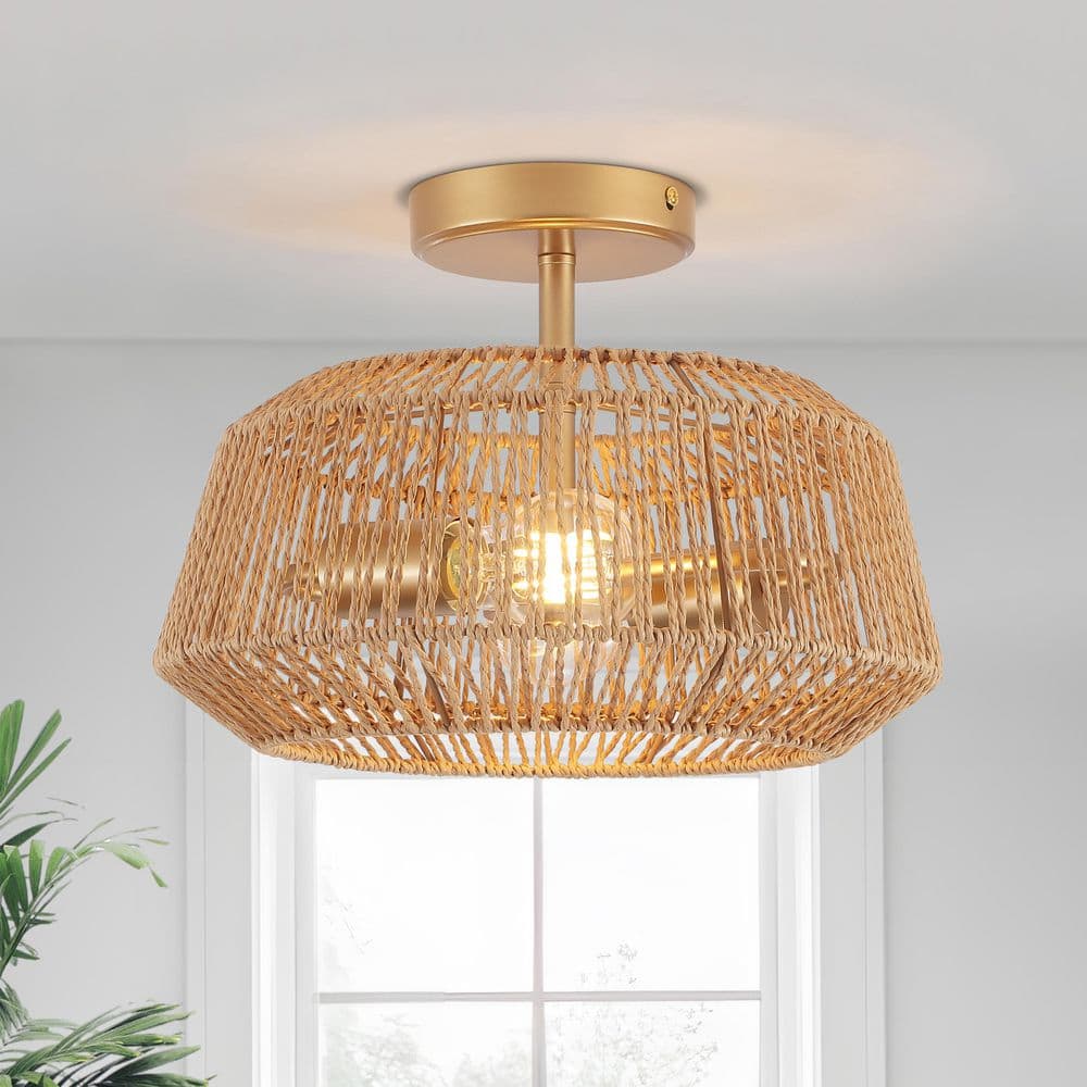 12.6 in. 2-Light Yellow Bohemian Hand-Woven Semi-Flush Mount Ceiling Light