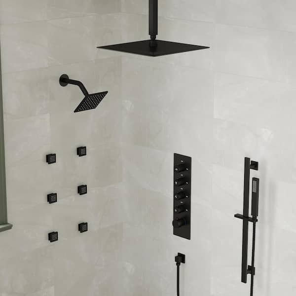 15-Spray Patterns 16 and 6 in. Ceiling Mount Dual Shower Head and Handheld with Sliding Bar 2.5 GPM in Matte Black