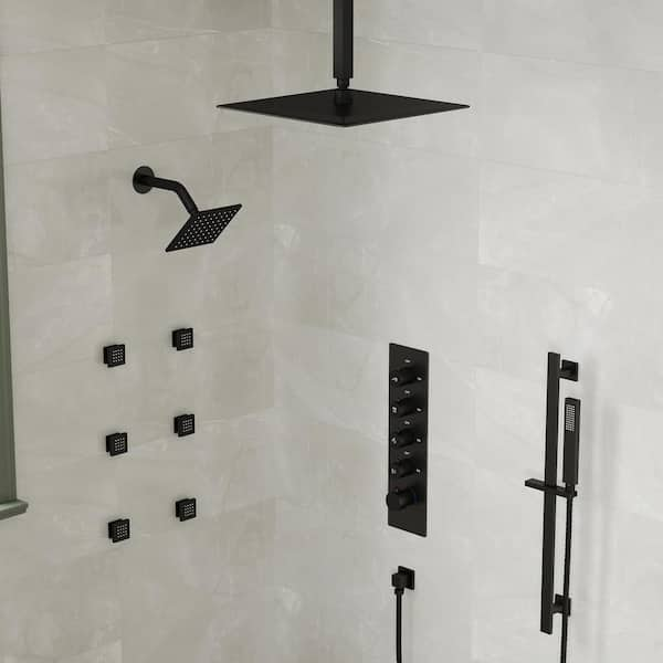 13-Spray Patterns 16 and 6 in. Ceiling Mount Dual Shower Head and Handheld with Sliding Bar 2.5 GPM in Matte Black