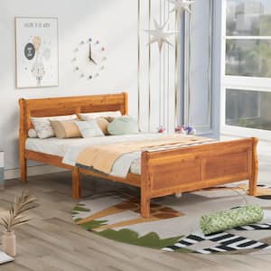 57 in. W Oak Full Solid Wood Sleigh Bed with Headboard and Wood Slat Support