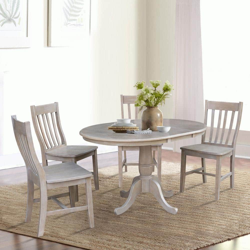 Washed Gray Taupe 36" Round Extension Dining Table with 4 Cafe Chairs