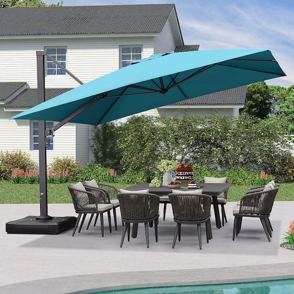 PURPLE LEAF 12 ft. Square Large Outdoor Aluminum Cantilever 360° Rotation Patio Umbrella with Base, Turquoise Blue