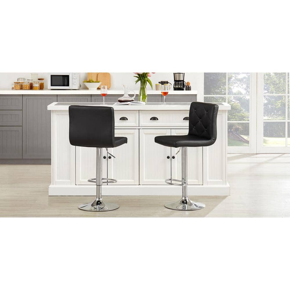 Adjustable Black Faux Leather Backless Swivel Bar Stools, Set of 2