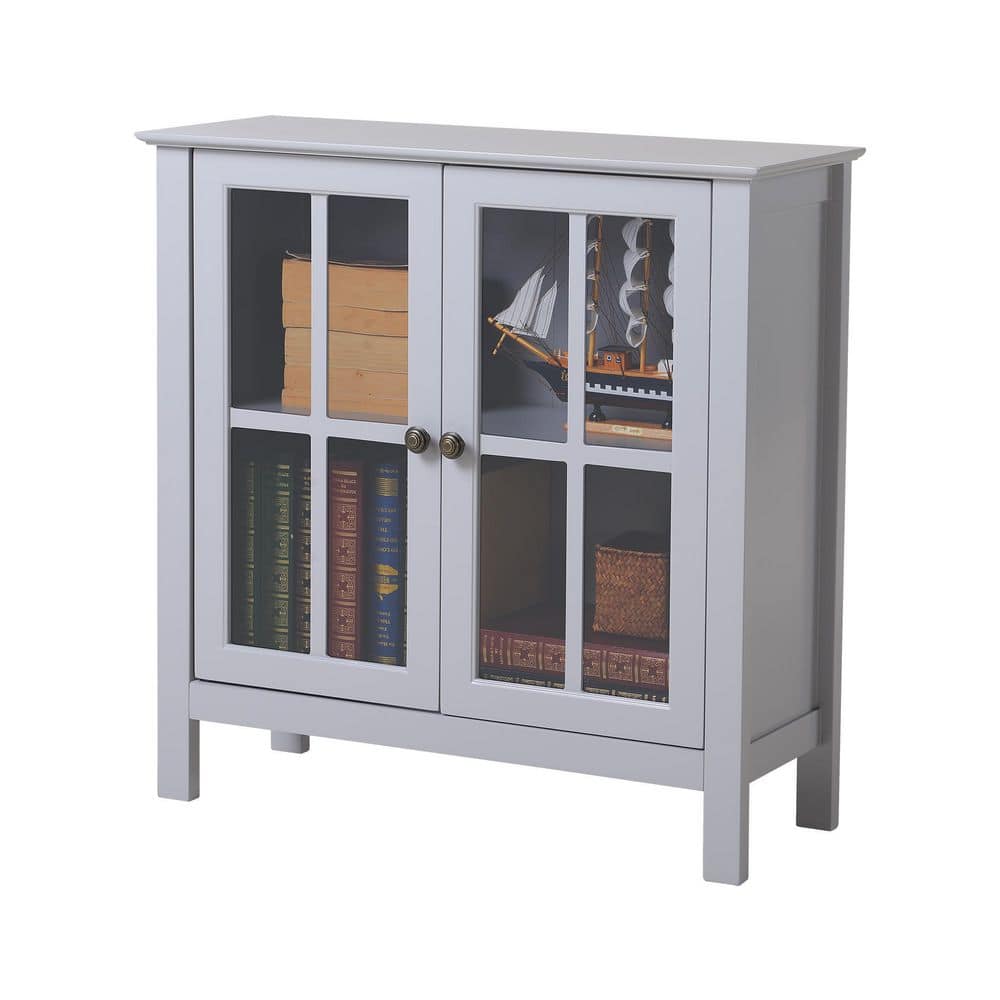 Elegant Dark Gray Glass Door Display Cabinet with Antique Brass Accents