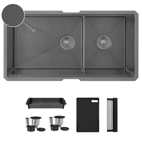 Undermount 36 inch Workstation 60/40 Double Bowl Kitchen Sink with Dura-Tek finish with Accessories