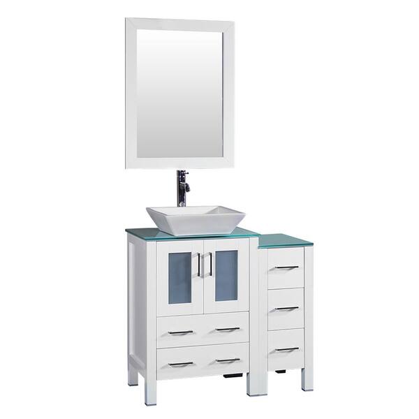 Bosconi 36 in. W Single Bath Vanity in White with Tempered Glass Vanity Top with White Basin and Mirror