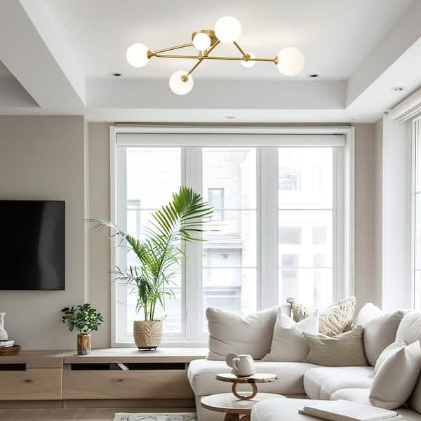 HUOKU Ceder 33.9 in. 6-Light Brass Sputnik Semi-Flush Mount with