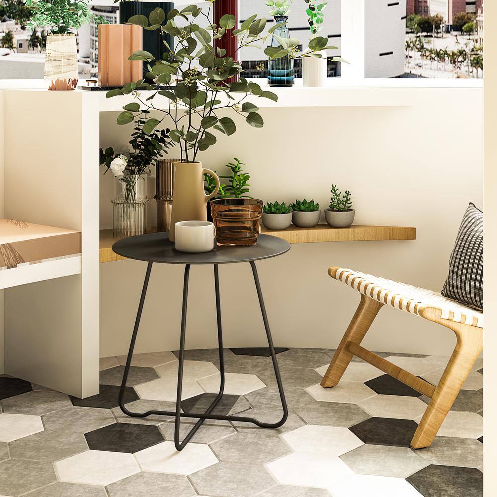 Black Round Steel Patio Side Table with Adjustable Feet