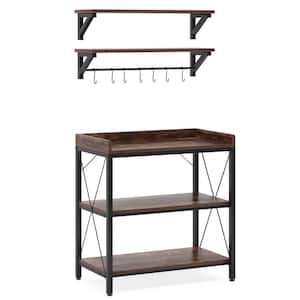 Keenyah Rustic Brown Kitchen Bakers Rack Microwave Stand with 2-Wall Mount Floating Shelves and 7-Hanging Hooks