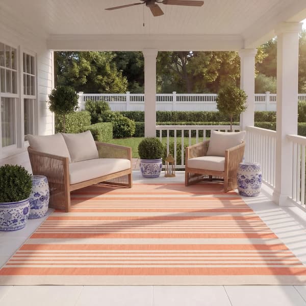 Courtyard Terracotta/Beige 8 ft. x 11 ft. Striped Indoor/Outdoor Patio  Area Rug