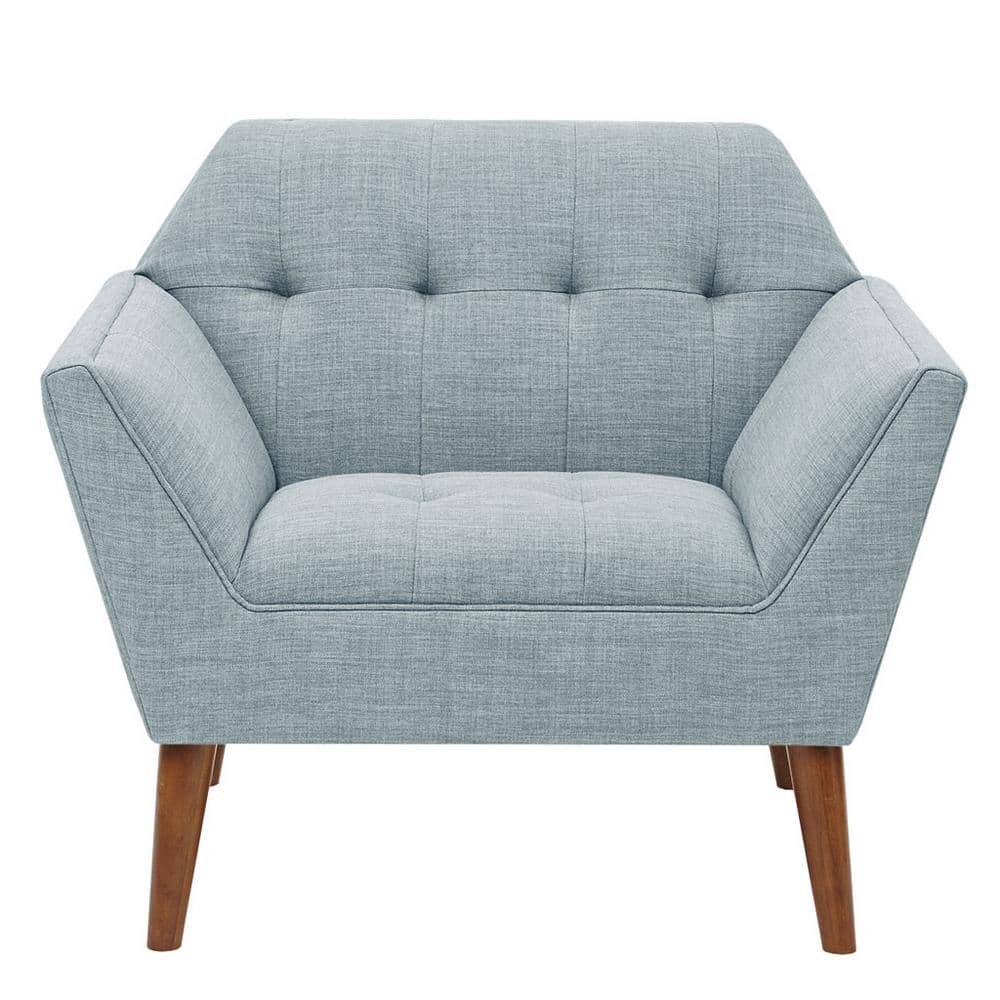 Mid-Century Light Blue Microfiber Accent Chair with Pecan Wood Legs