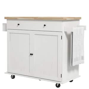 Farmhouse Rolling White Rubber Wood Top 45.5 in. Kitchen Island with Adjustable Shelves and 2 Hooks
