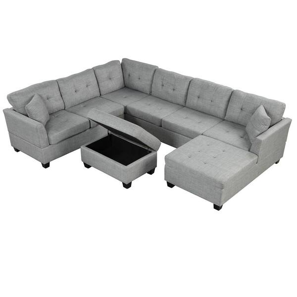 Harper & Bright Designs 121.3 in. W 4-Piece Linen U Shaped Modern Sectional Sofa with Storage Ottoman and 2-Throw Pillows in Light Gray