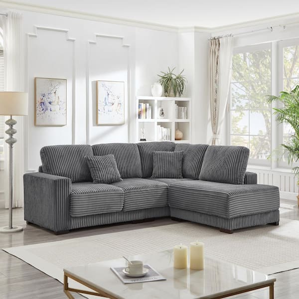 Erlin Modern 93 in. Square Arms Corduroy Upholstered L-Shaped Sectional Sofa in Grey with Pillows