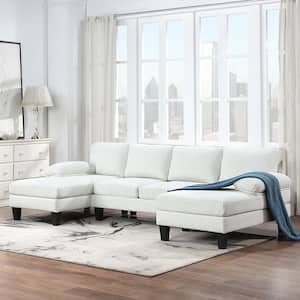 112 in. U-Shaped Granular Velvet Modern Sectional Sofa in Beige with Double Chaise