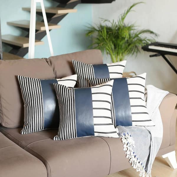MIKE & Co. NEW YORK Bohemian Handmade Vegan Faux Leather Navy Blue 20 in. x 20 in. Square Abstract Geometric Throw Pillow (Set of 4)
