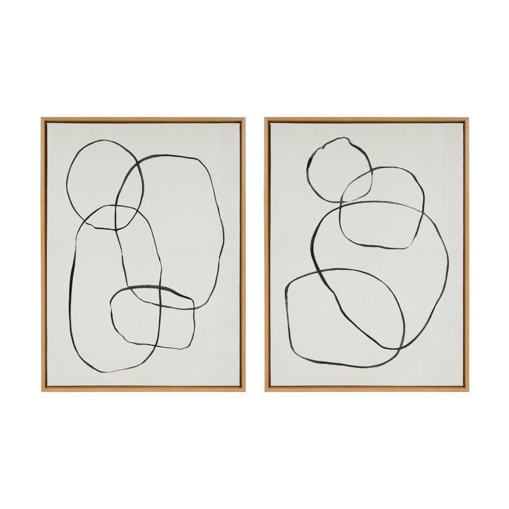 Natural Abstract Black Line Art on Canvas Set of 2