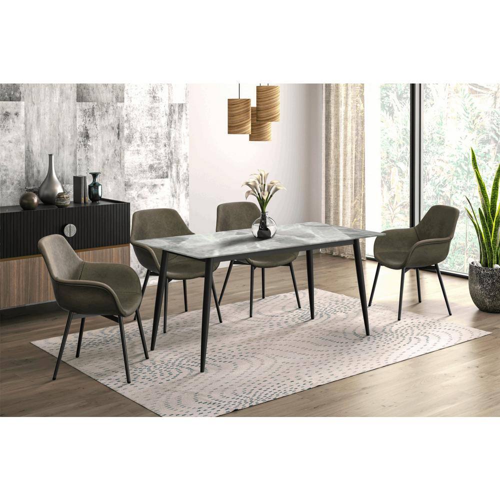 Light Grey Glass Rectangular Dining Table with Black Steel Legs