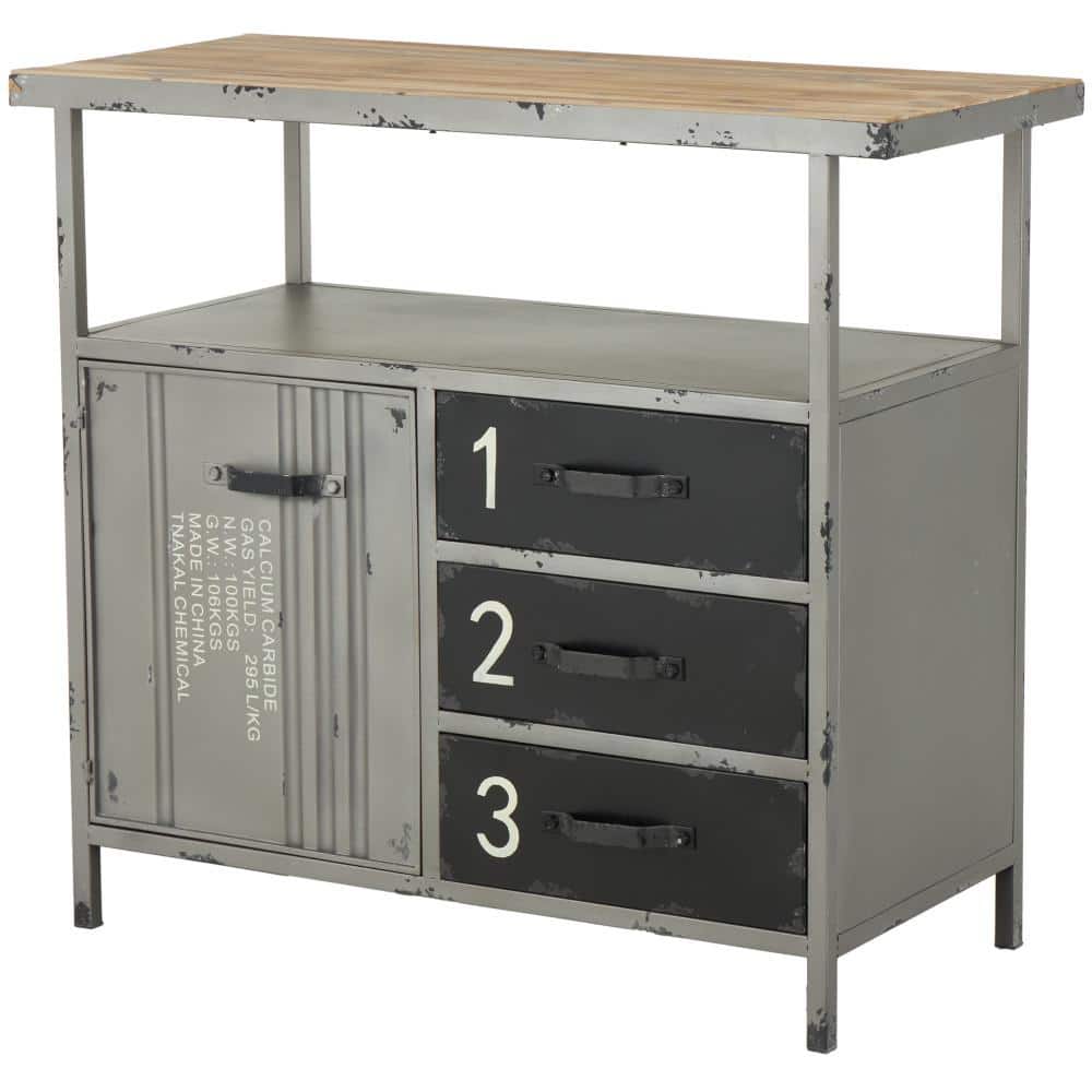 Gray Industrial Metal Cabinet with Wood Top and Drawers
