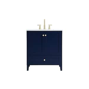 Timeless Home 30 in. W x 19 in. D x 34 in. H Single Bathroom Vanity in Blue with Calacatta Engineered Stone