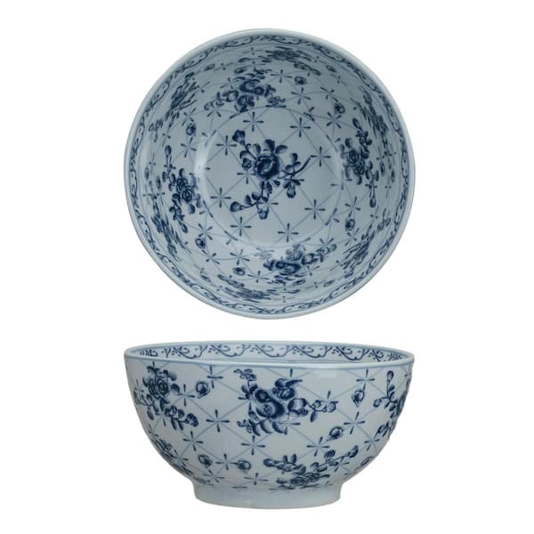 10 in. 107 fl. oz. Blue and White Floral Stoneware Serving Bowl