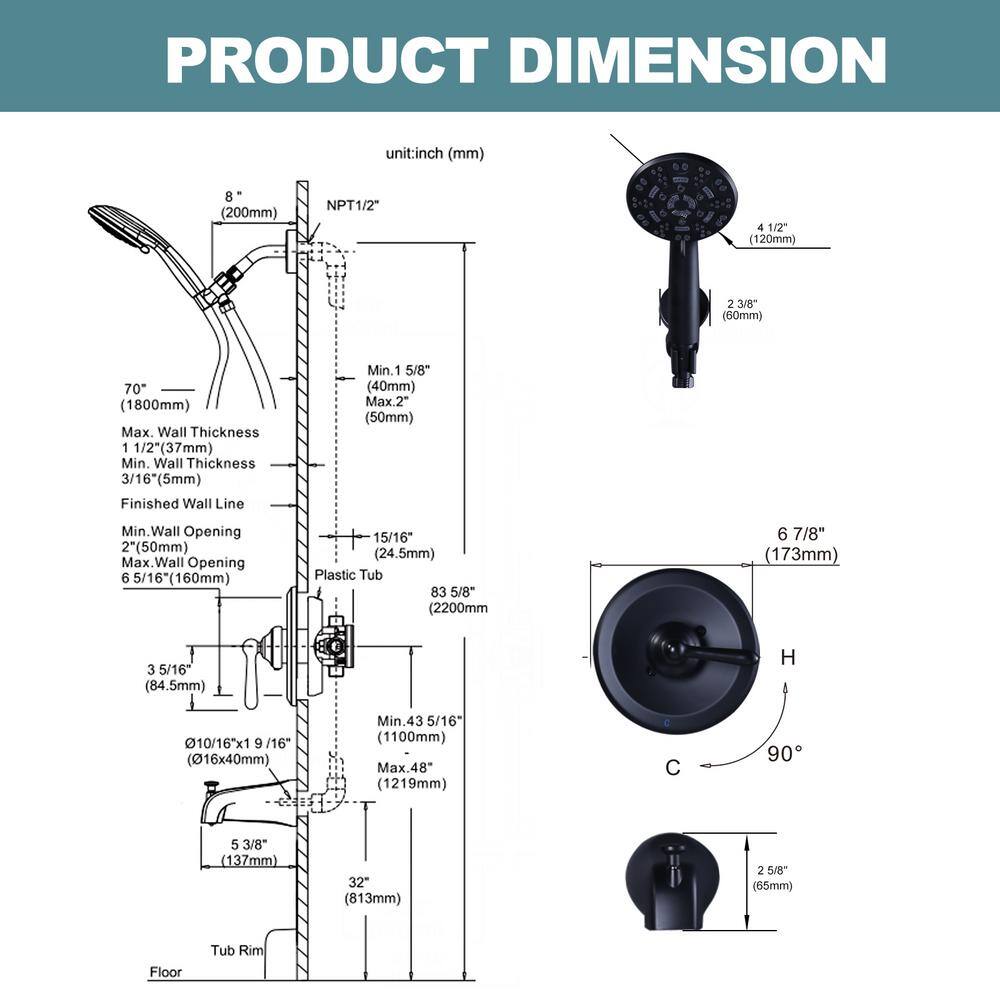 Matte Black Single Handle 7-Spray Wall Mounted Shower System