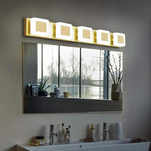 Home Lighting 24-Watt 5-Lights Gold LED Bathroom Lights Over Mirror Acrylic Modern Vanity Lights Dimmable For Bathroom