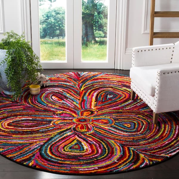 Aruba 9 ft. x 9 ft. Round Multi Floral Geometric Area Rug