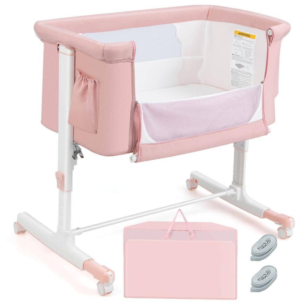 Portable Baby Bedside Bassinet with 5 Adjustable Height Levels and Travel Bag, Pink