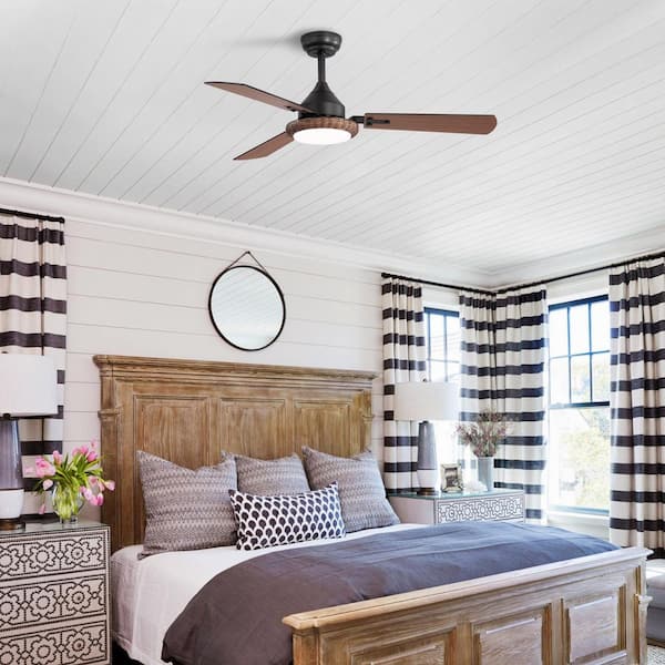 Farmhouse 48 in. Integrated LED Indoor Black Downrod Ceiling Fan with Rattan Light Kit and Remote Control Included