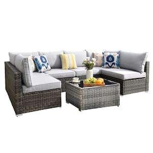 Helene Gray 7-Piece Wicker Outdoor Furniture Patio Conversation Sectional Sofa Set with Light Grey Cushions