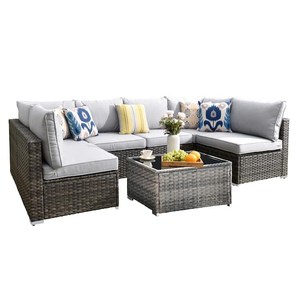 Helene Gray 7-Piece Wicker Outdoor Furniture Patio Conversation Sectional Sofa Set with Light Grey Cushions