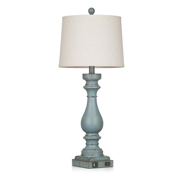 28.5 in. Blue Resin Lamp Body Non-Integrated LED Table Lamps for Living Room Bedroom with White Linen Shade and USB Port