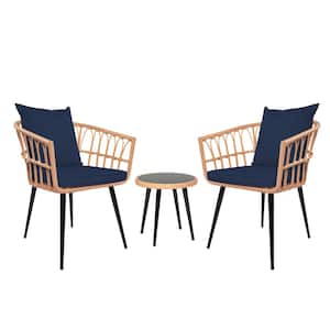 3-Piece Brown Wicker Round Table Outdoor Bistro Set with Attached Dark Blue Cushions