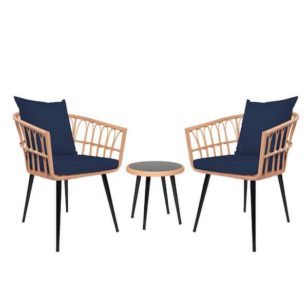 FIROMO 3-Piece Brown Wicker Round Table Outdoor Bistro Set with Attached Dark Blue Cushions