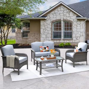 Hyacinth Gray 4-Piece Wicker Patio Outdoor Conversation Seating Set with a Coffee Table and Gray Cushions