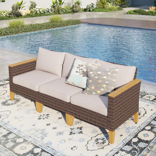 PHI VILLA Brown Rattan Wicker 3-Seat 3-Piece Steel Outdoor Patio Conversation Set with Beige Cushions