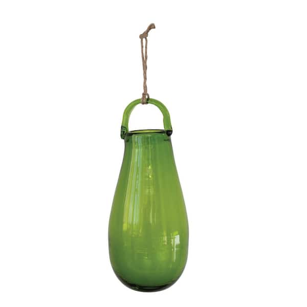 Storied Home Large Hanging Hand Blown Glass Vase with Jute Hanger 3.5 in. in Green