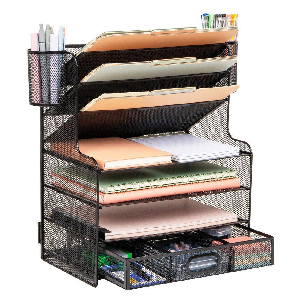 Black 9 in. W x 16 in. H Metal Mesh Desk Organizer, 6 Compartments, 1 Drawer, 2 Pen Cups, Office Desktop Organizer